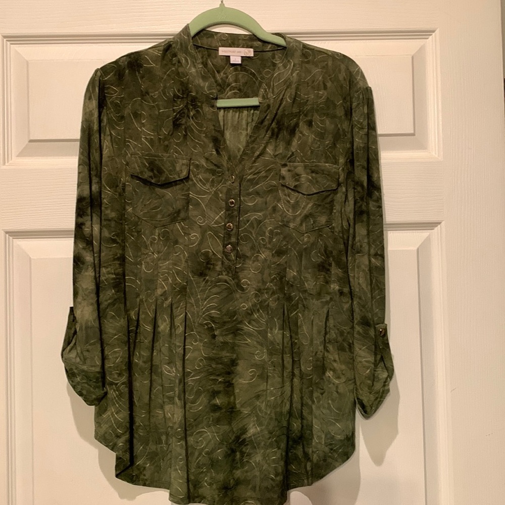 Westport women’s blouse. Large. Green. Silver buttons.
